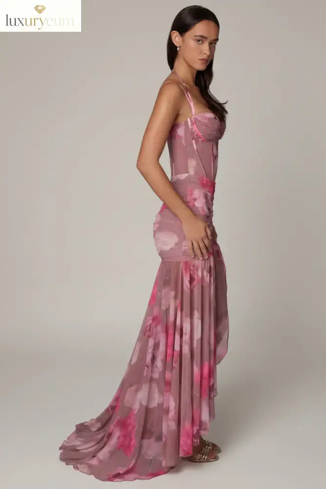 Ruched Asymmetric Corset Gown in Blurred Floral
