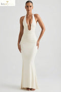 Ruched Backless Halterneck Gown in Ivory