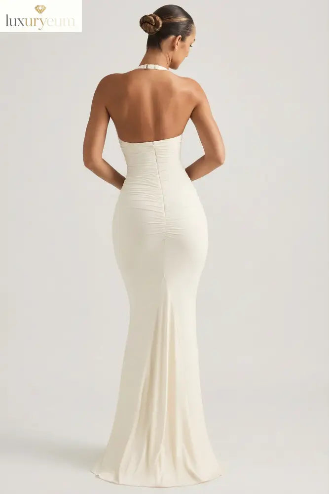 Ruched Backless Halterneck Gown in Ivory
