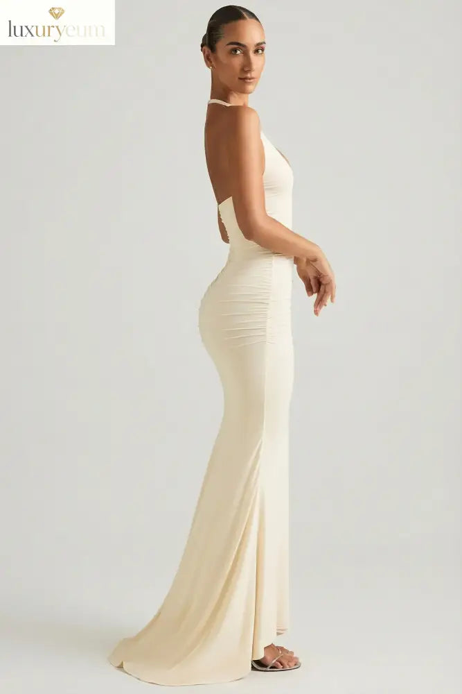 Ruched Backless Halterneck Gown in Ivory