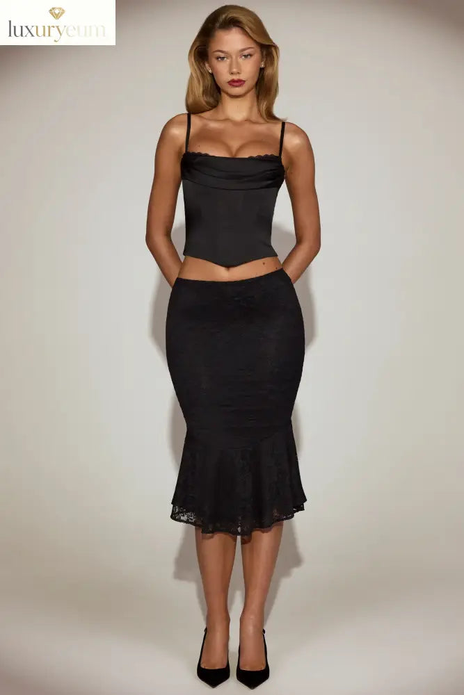 Satin Cowl-Neck Lace-Up Corset Top in Black
