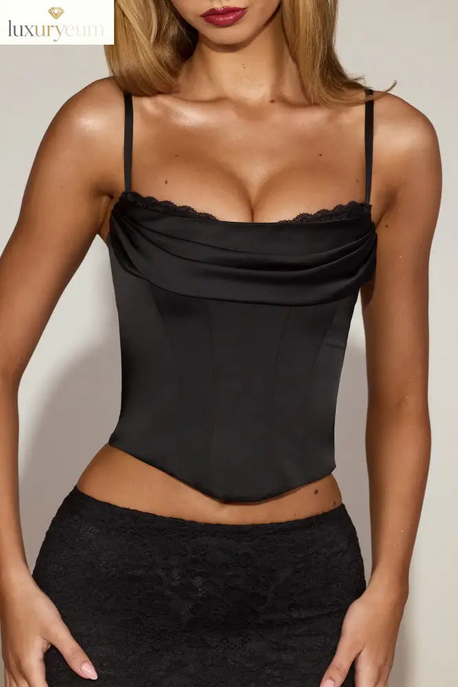 Satin Cowl-Neck Lace-Up Corset Top in Black