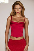 Satin Cowl-Neck Lace-Up Corset Top in True Red