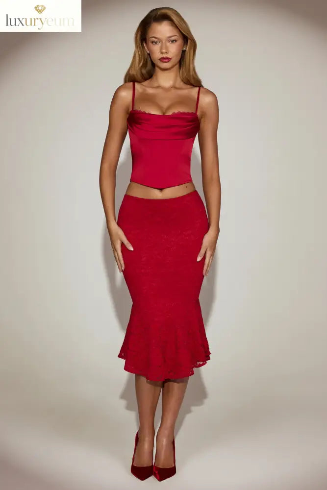 Satin Cowl-Neck Lace-Up Corset Top in True Red