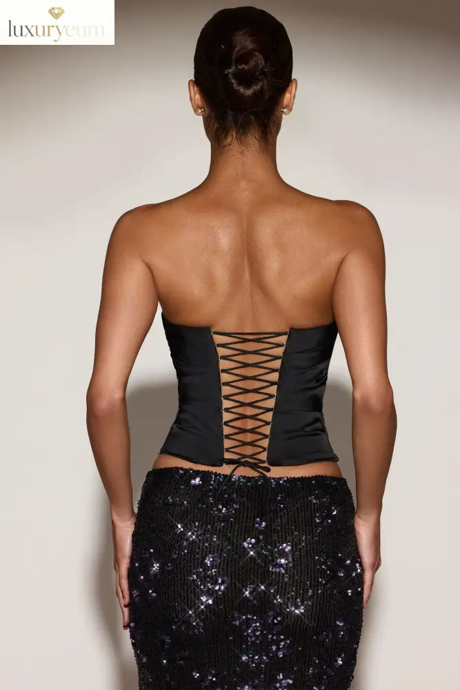 Satin Draped Lace-Up Corset Top in Black Purple