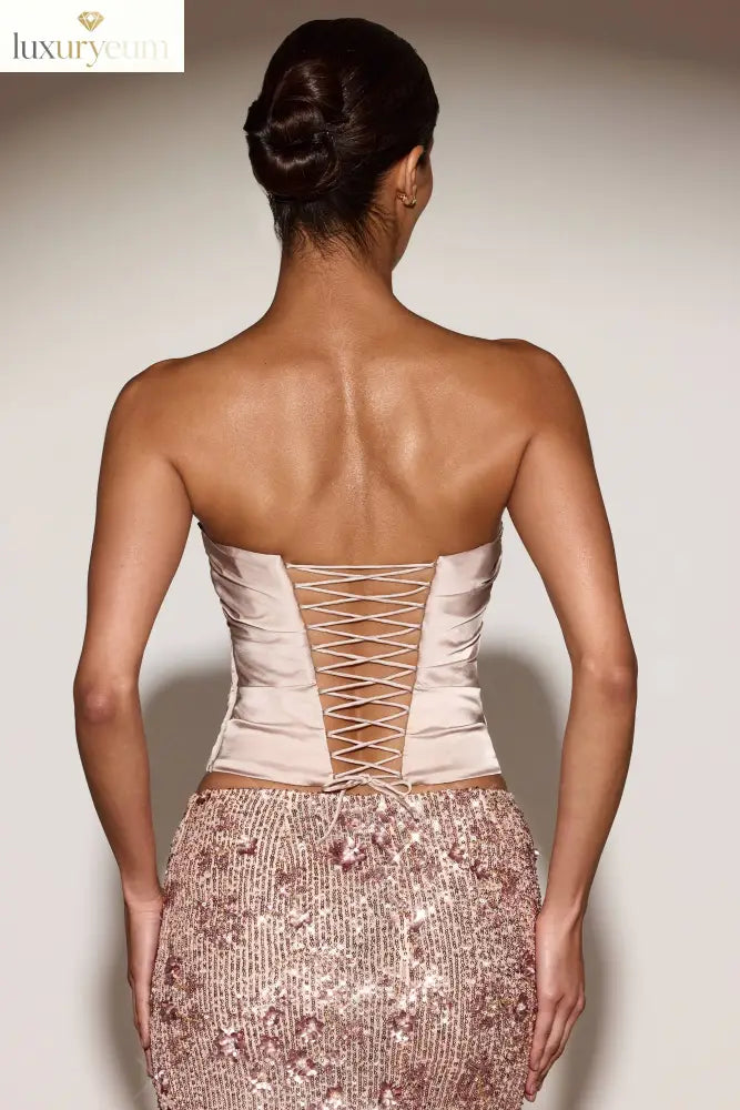 Satin Draped Lace-Up Corset Top in Gold