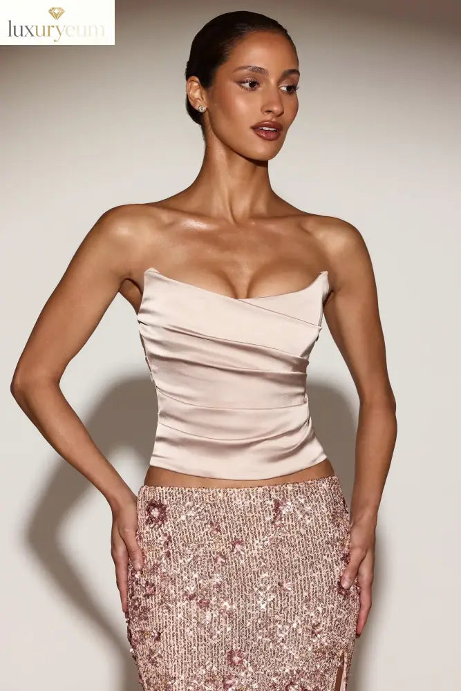 Satin Draped Lace-Up Corset Top in Gold