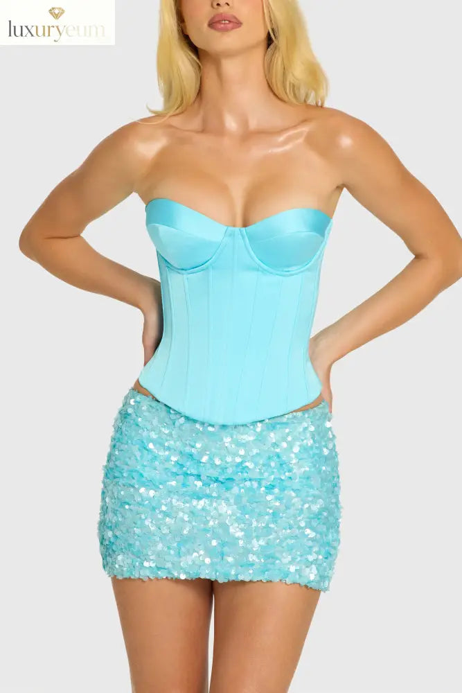Satin Lace-Up Corset Top in Aquamarine