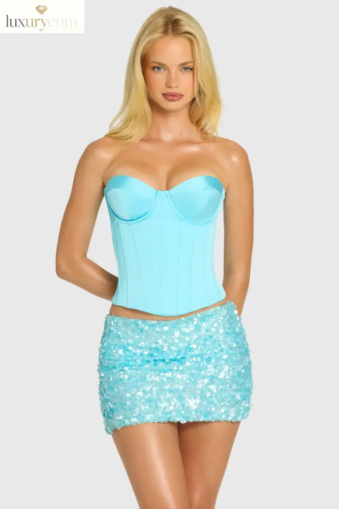 Satin Lace-Up Corset Top in Aquamarine