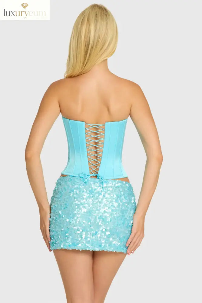 Satin Lace-Up Corset Top in Aquamarine