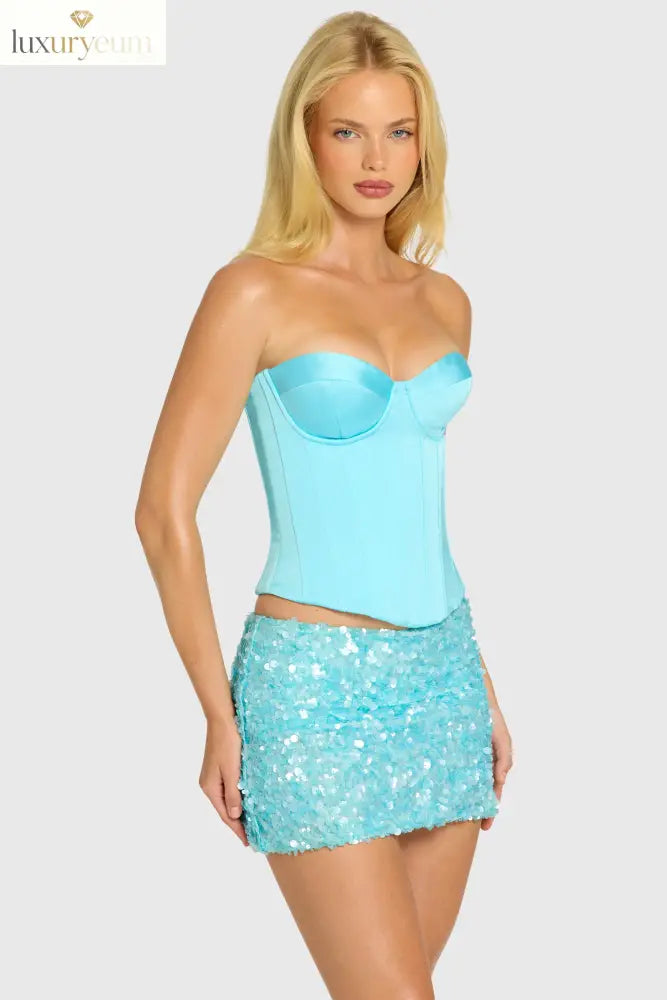 Satin Lace-Up Corset Top in Aquamarine