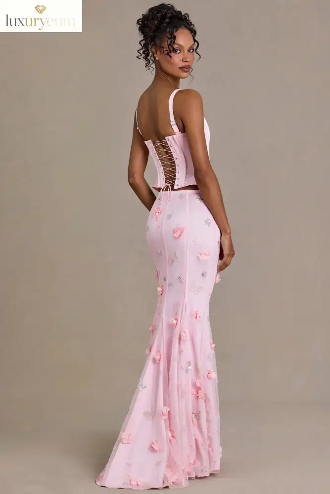 Satin Lace-Up Corset Top in Baby Pink