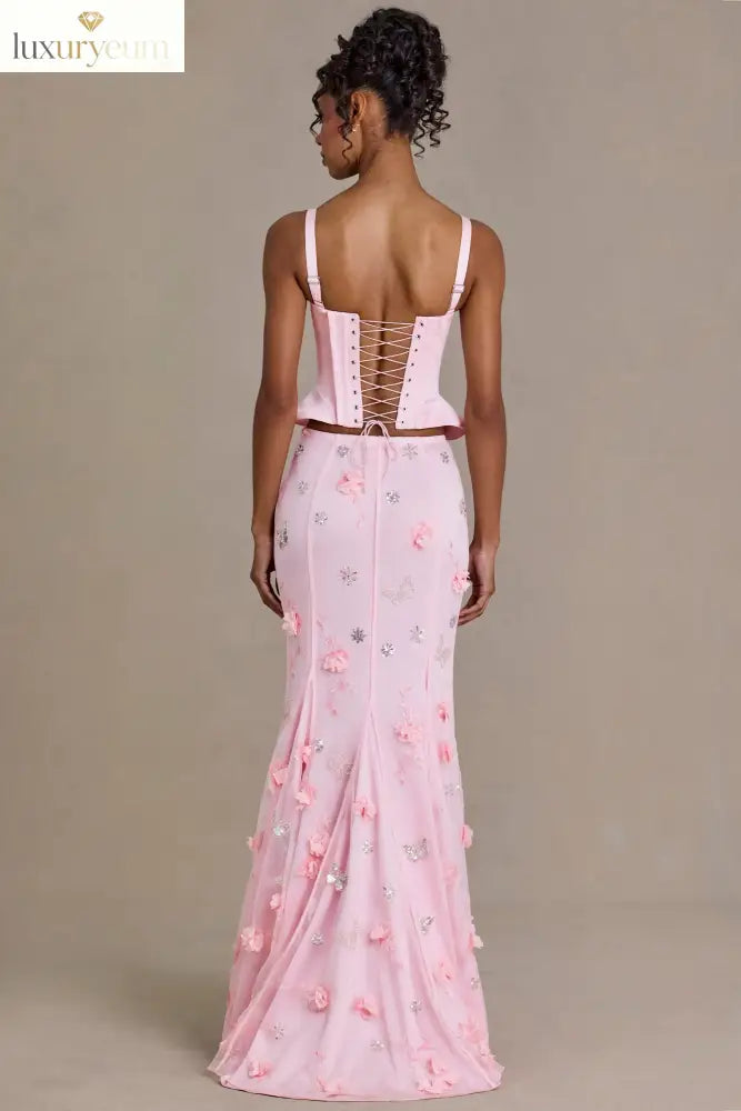 Satin Lace-Up Corset Top in Baby Pink