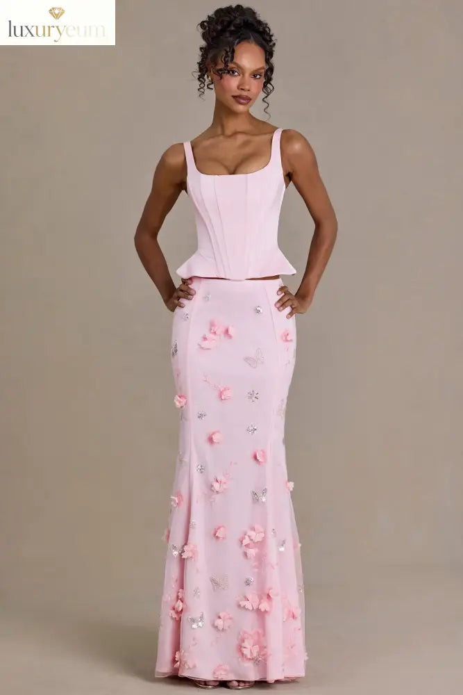Satin Lace-Up Corset Top in Baby Pink