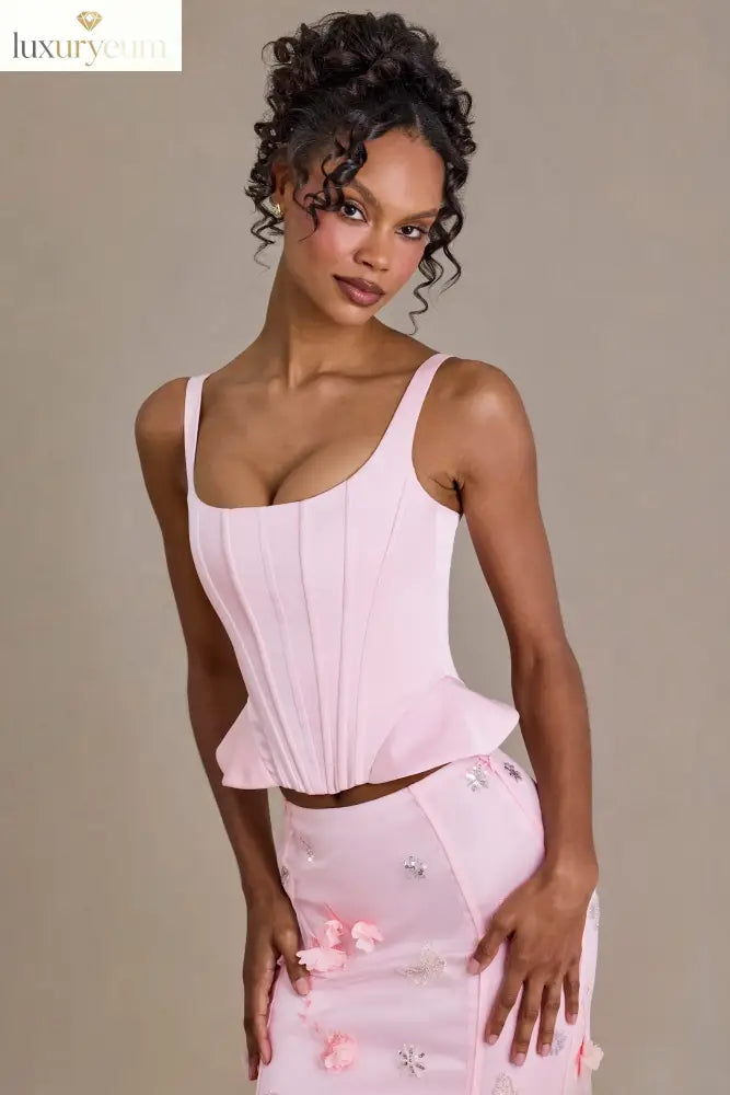 Satin Lace-Up Corset Top in Baby Pink