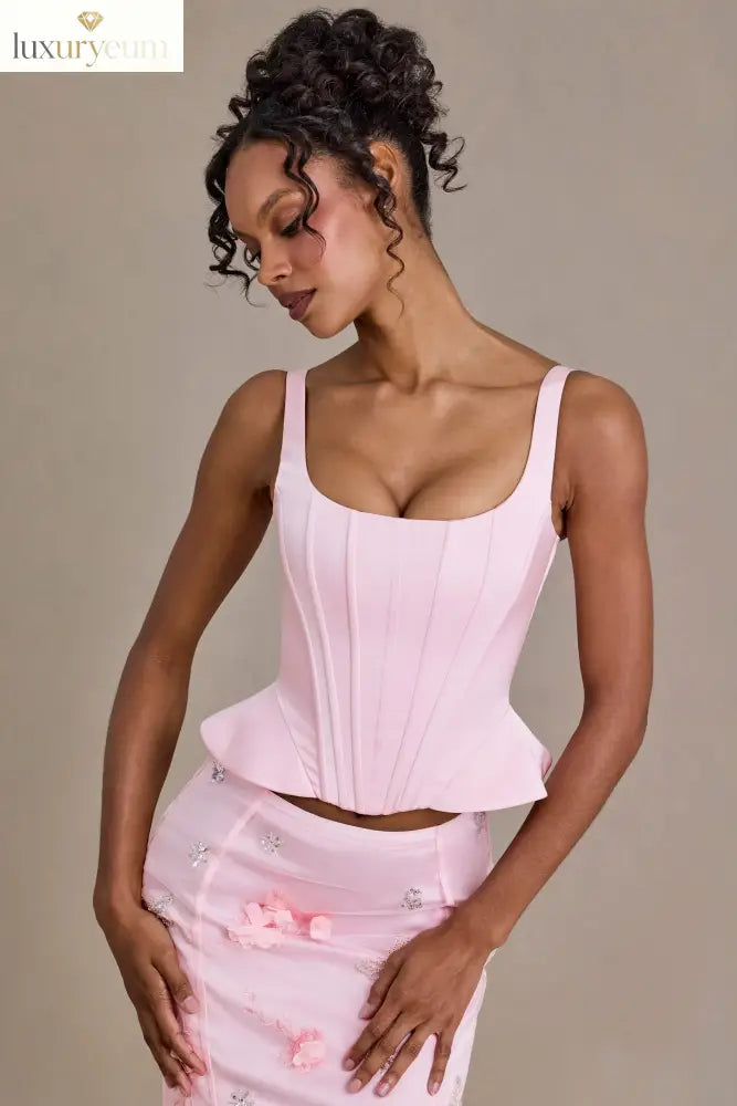 Satin Lace-Up Corset Top in Baby Pink