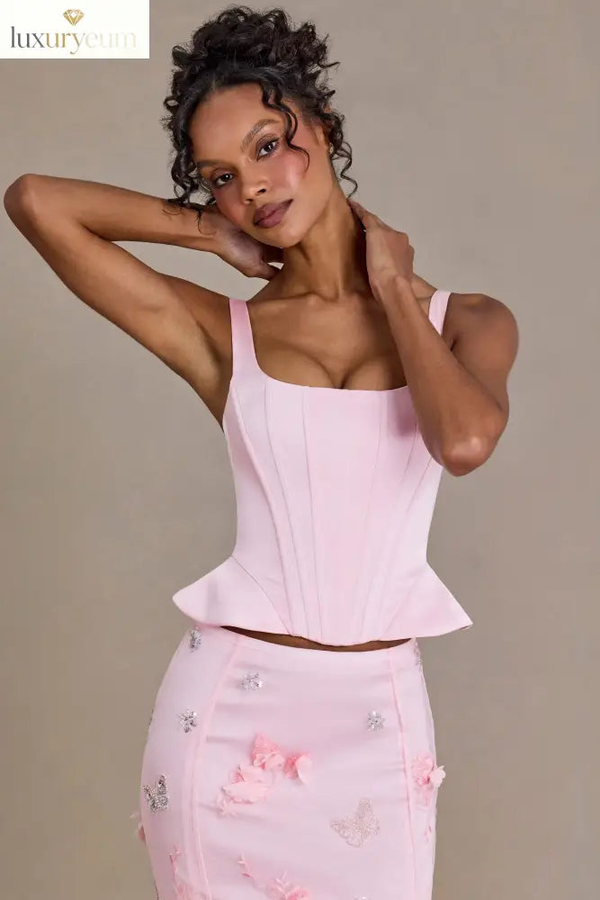 Satin Lace-Up Corset Top in Baby Pink