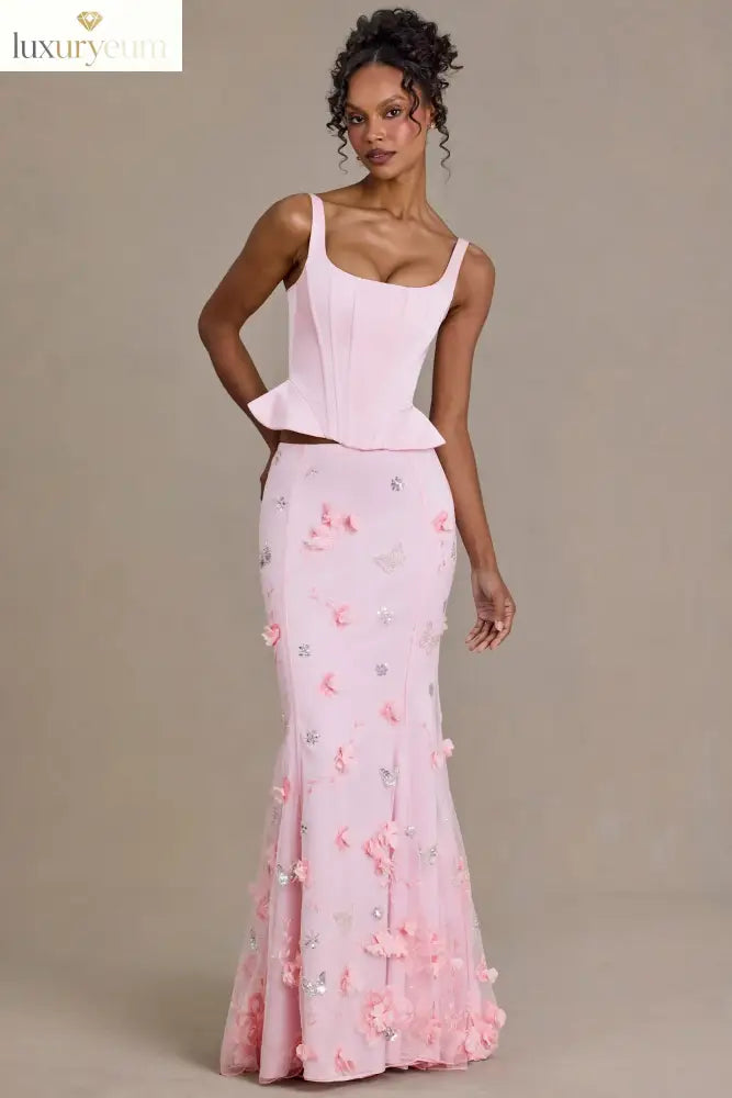 Satin Lace-Up Corset Top in Baby Pink