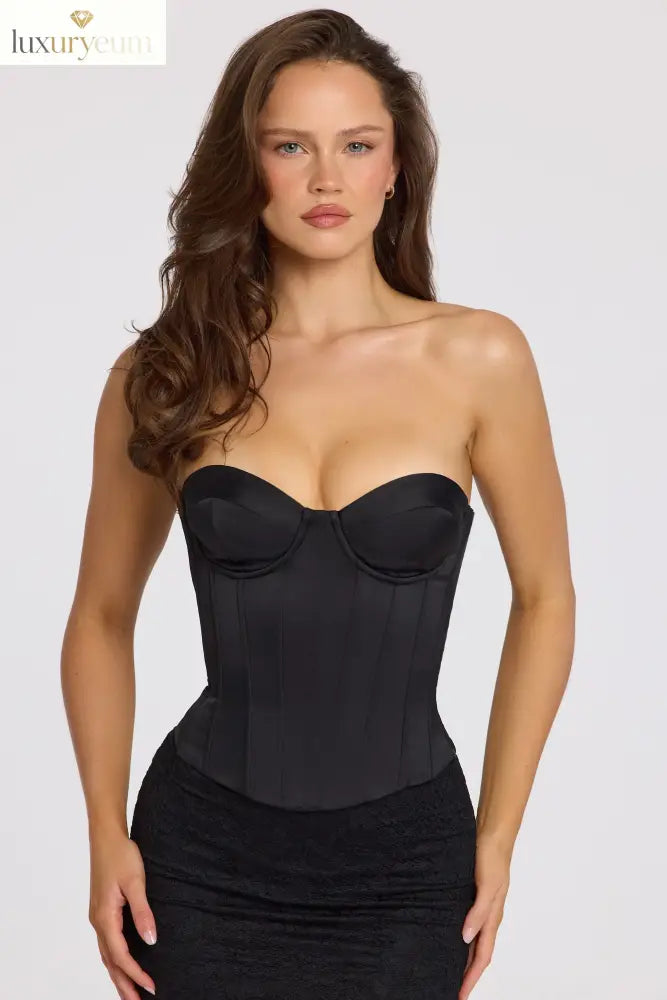 Satin Lace-Up Corset Top in Black