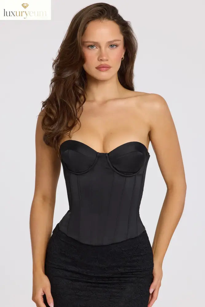 Satin Lace-Up Corset Top in Black