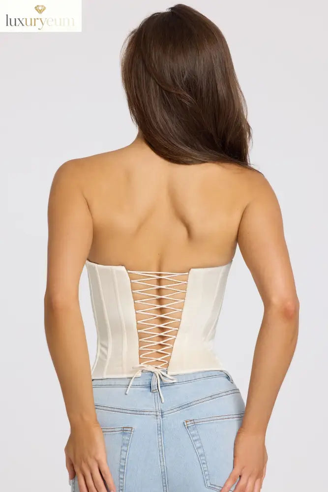 Satin Lace-Up Corset Top in Ivory