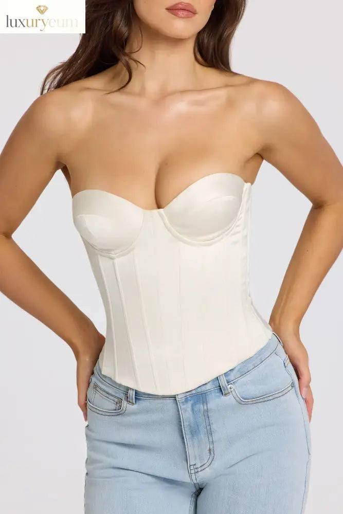 Satin Lace-Up Corset Top in Ivory