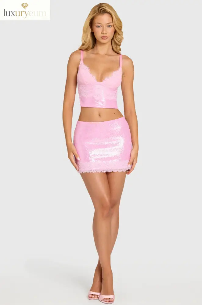 Sequin Lace Mid-Rise Mini Skirt in Blossom