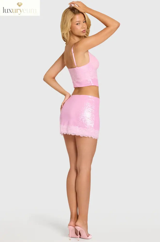 Sequin Lace Mid-Rise Mini Skirt in Blossom