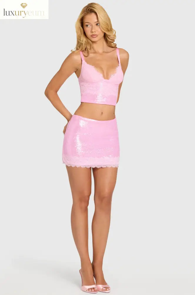 Sequin Lace Mid-Rise Mini Skirt in Blossom