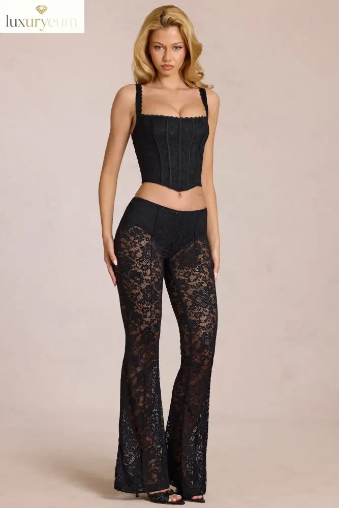 Sheer Lace Mid-Rise Flared Trousers in Black