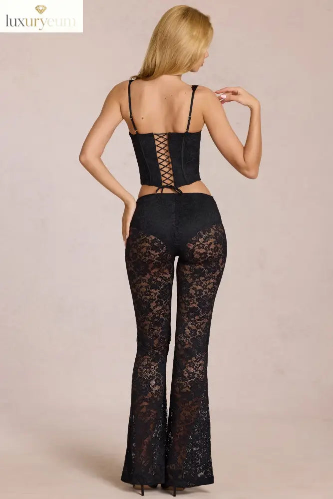 Sheer Lace Mid-Rise Flared Trousers in Black