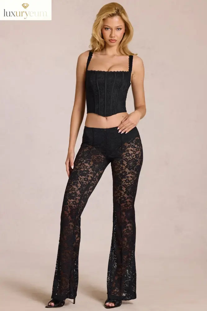 Sheer Lace Mid-Rise Flared Trousers in Black