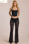 Sheer Lace Mid-Rise Flared Trousers in Black