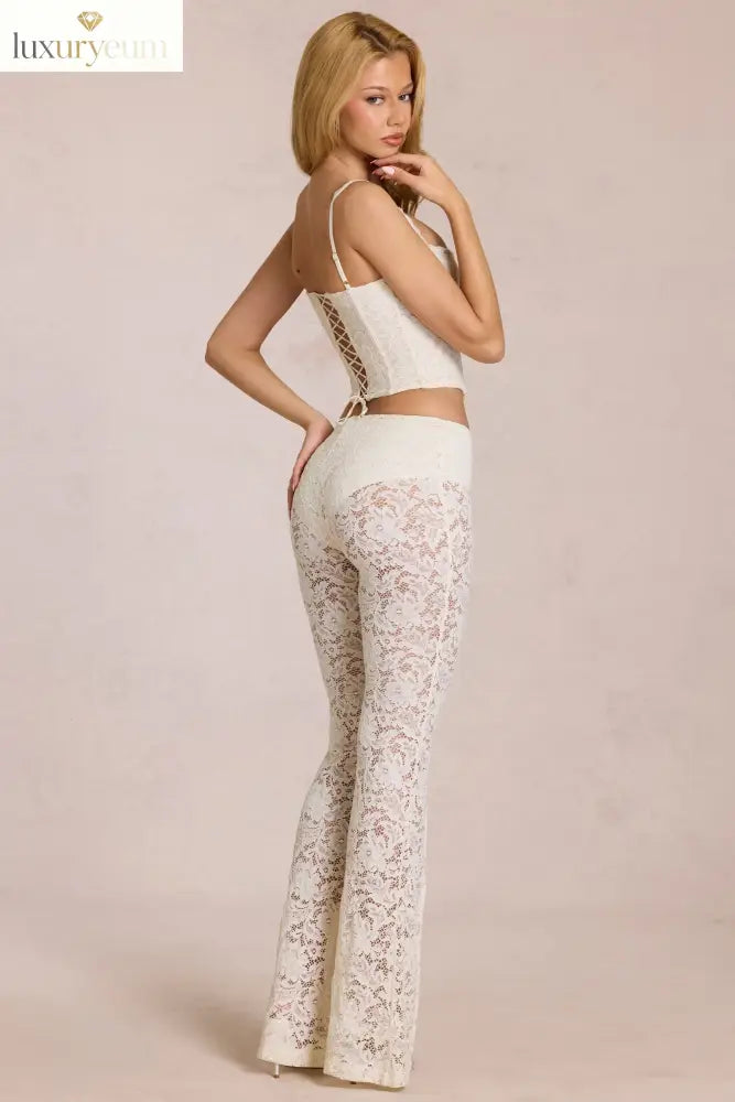 Sheer Lace Mid-Rise Flared Trousers in Pearl