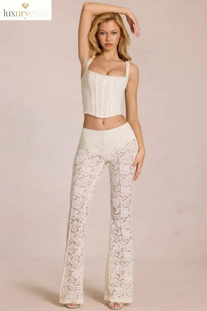 Sheer Lace Mid-Rise Flared Trousers in Pearl