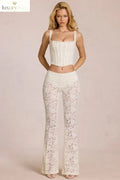 Sheer Lace Mid-Rise Flared Trousers in Pearl