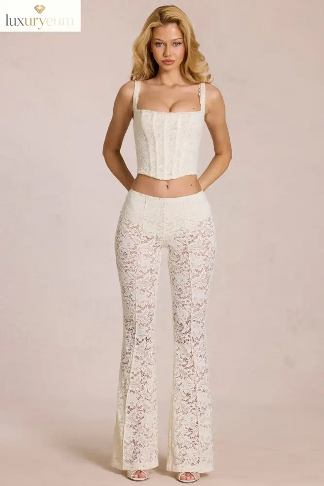 Sheer Lace Mid-Rise Flared Trousers in Pearl