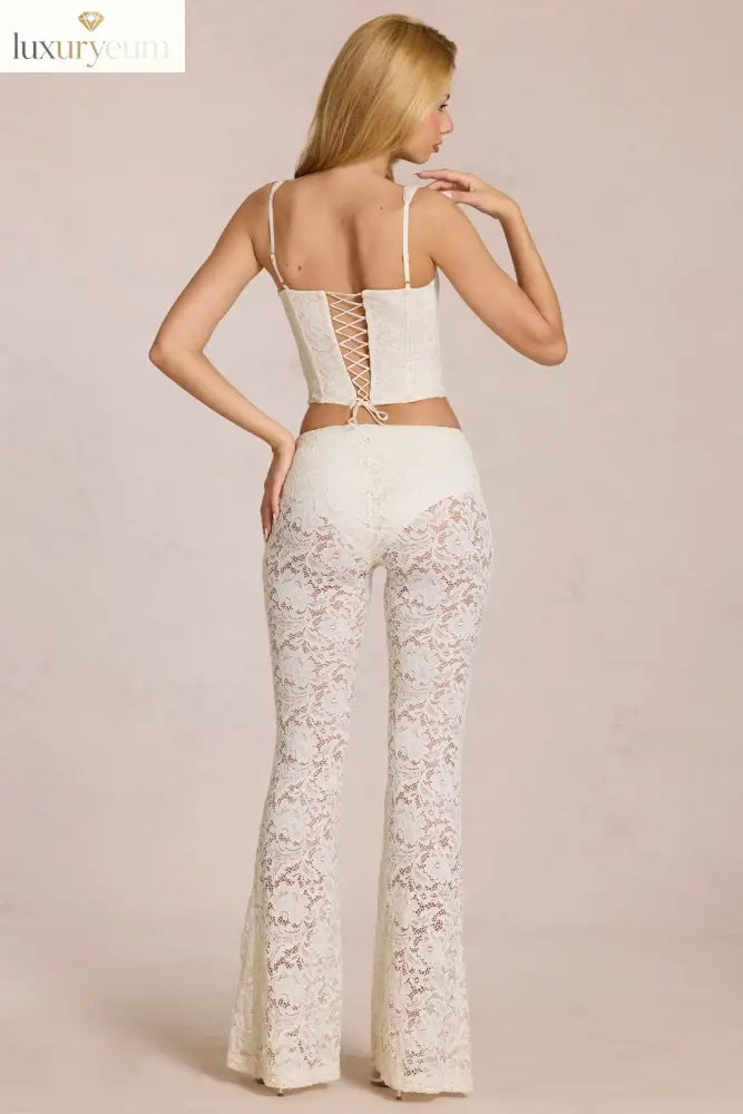 Sheer Lace Mid-Rise Flared Trousers in Pearl
