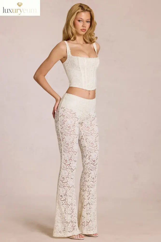 Sheer Lace Mid-Rise Flared Trousers in Pearl
