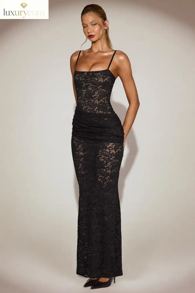 Sheer Lace Square-Neck Ruched Gown in Black