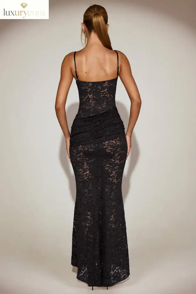 Sheer Lace Square-Neck Ruched Gown in Black