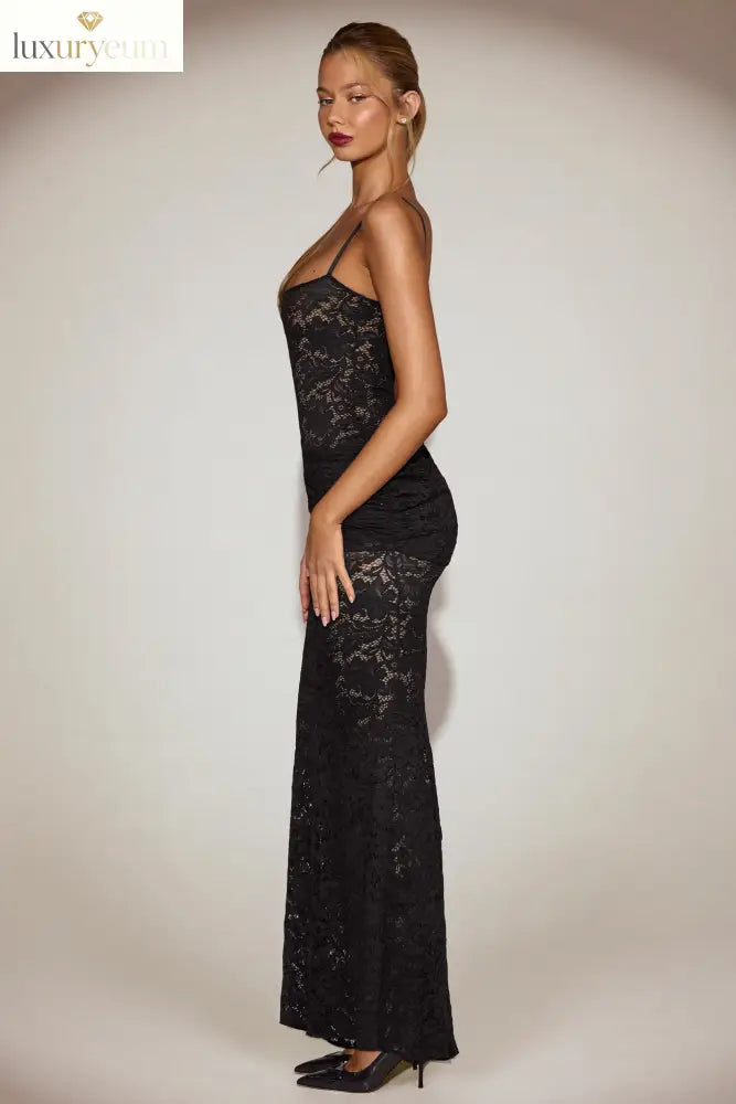 Sheer Lace Square-Neck Ruched Gown in Black