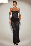 Sheer Lace Square-Neck Ruched Gown in Black