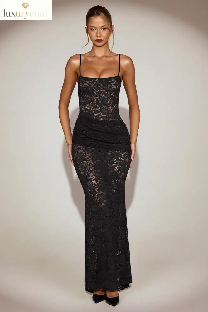 Sheer Lace Square-Neck Ruched Gown in Black