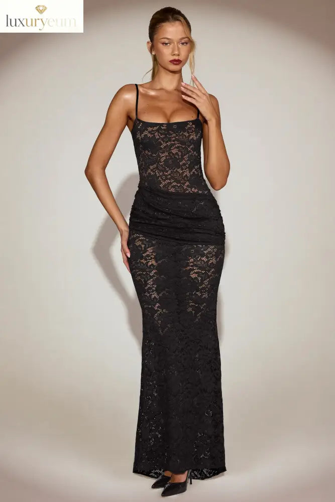 Sheer Lace Square-Neck Ruched Gown in Black