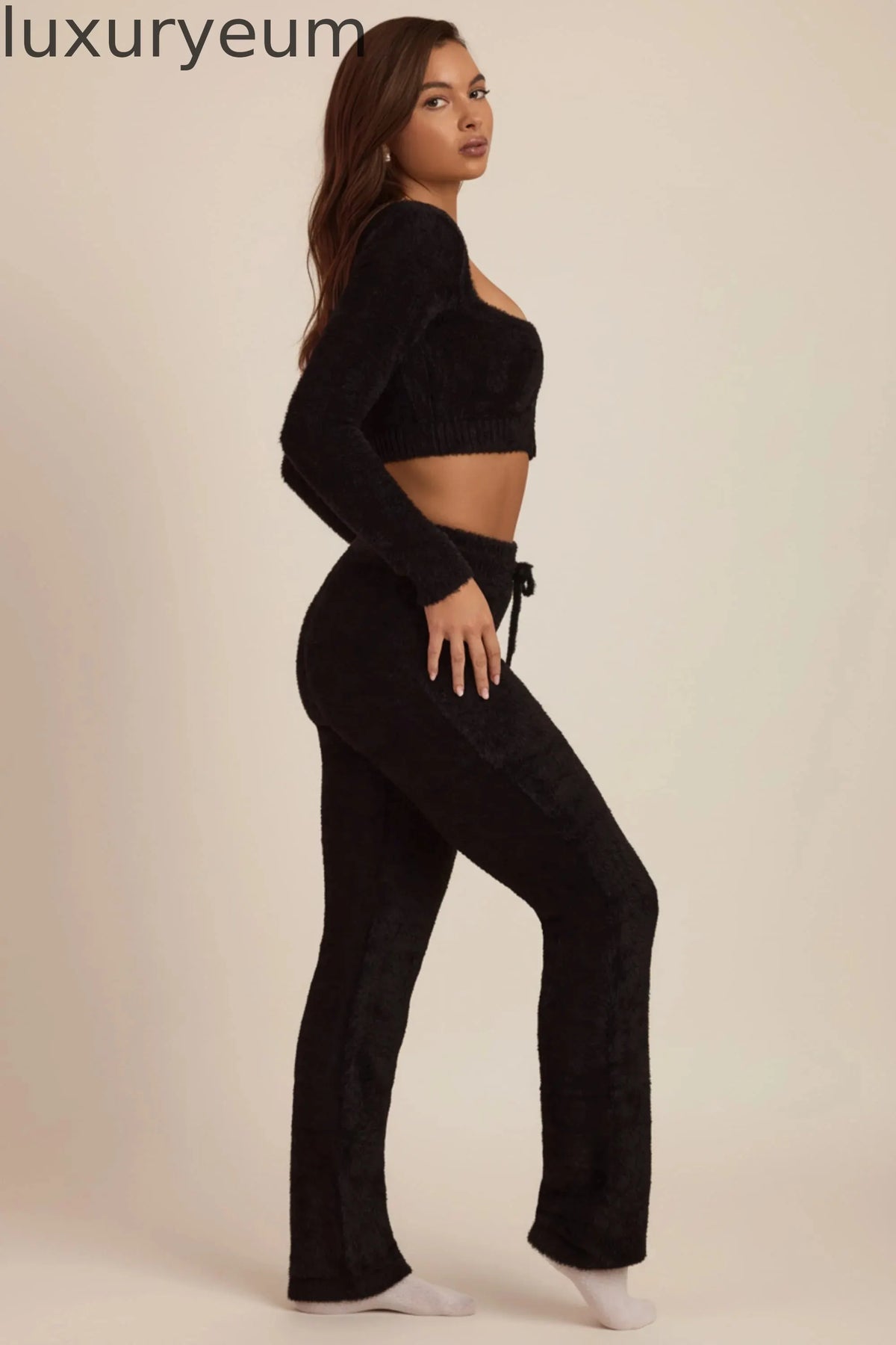 Fluffy Knit Wide-Leg Trousers in Black