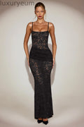Sheer Lace Square-Neck Ruched Gown in Black