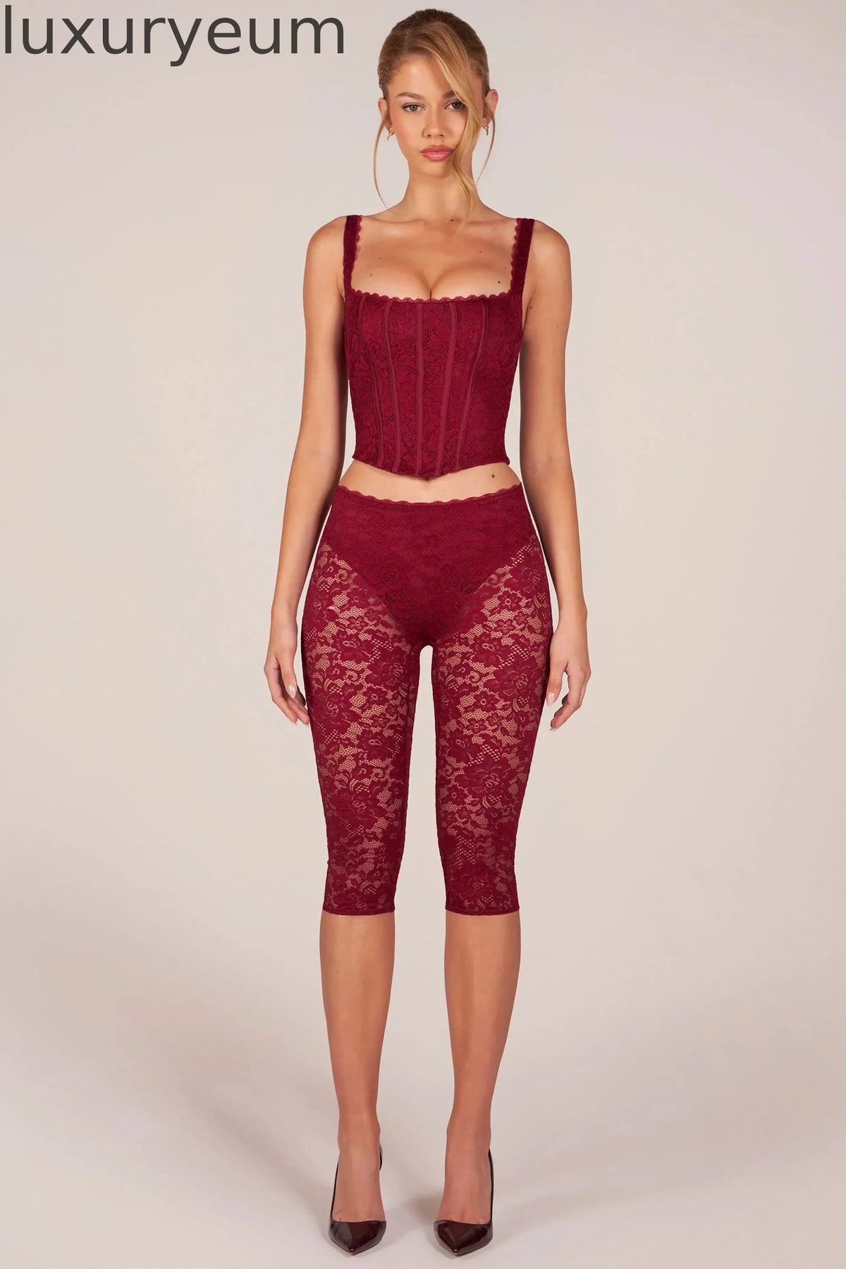 Laced Capri Trousers  in Cherry Red