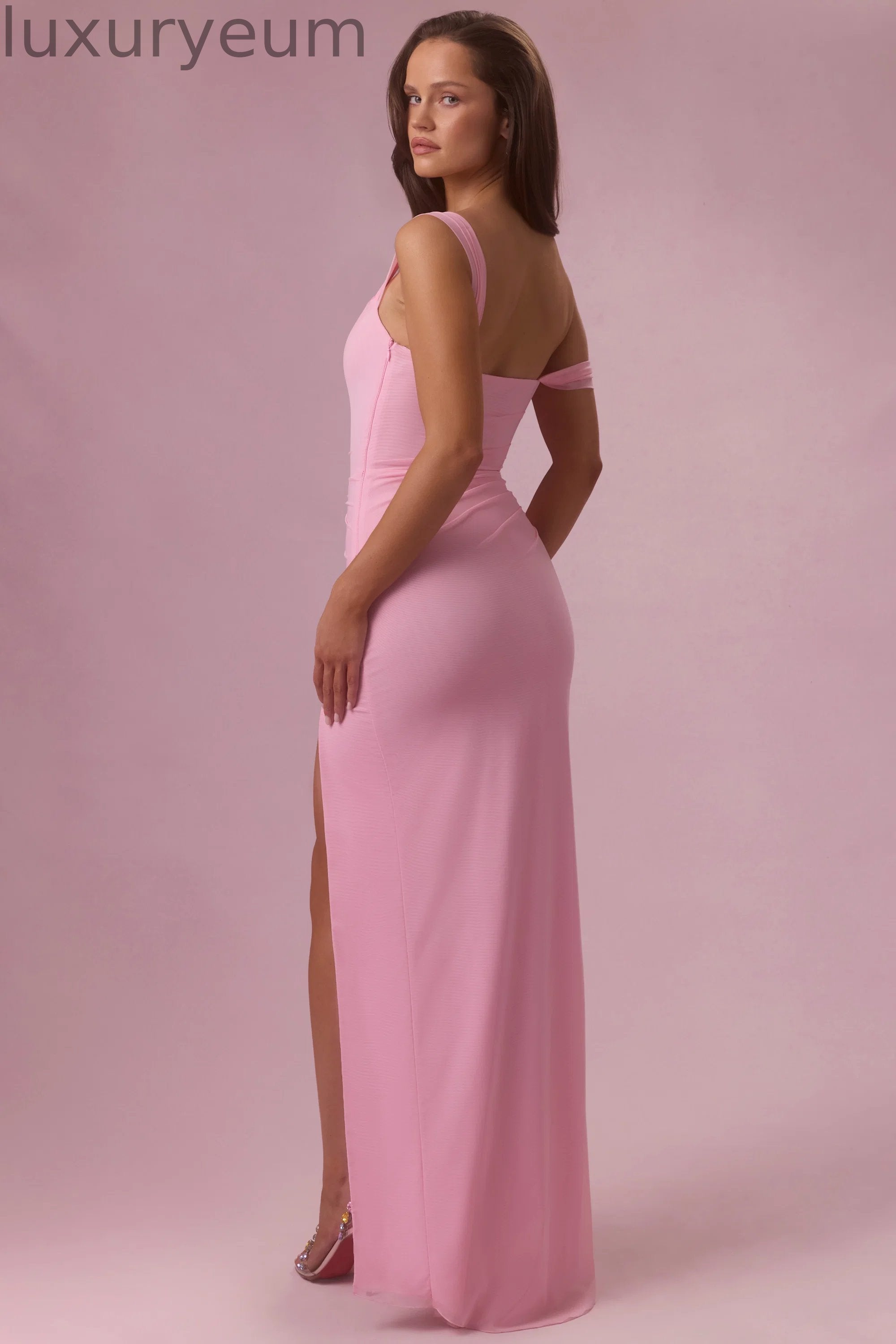 Mesh Draped Corset Gown in Candyfloss Pink