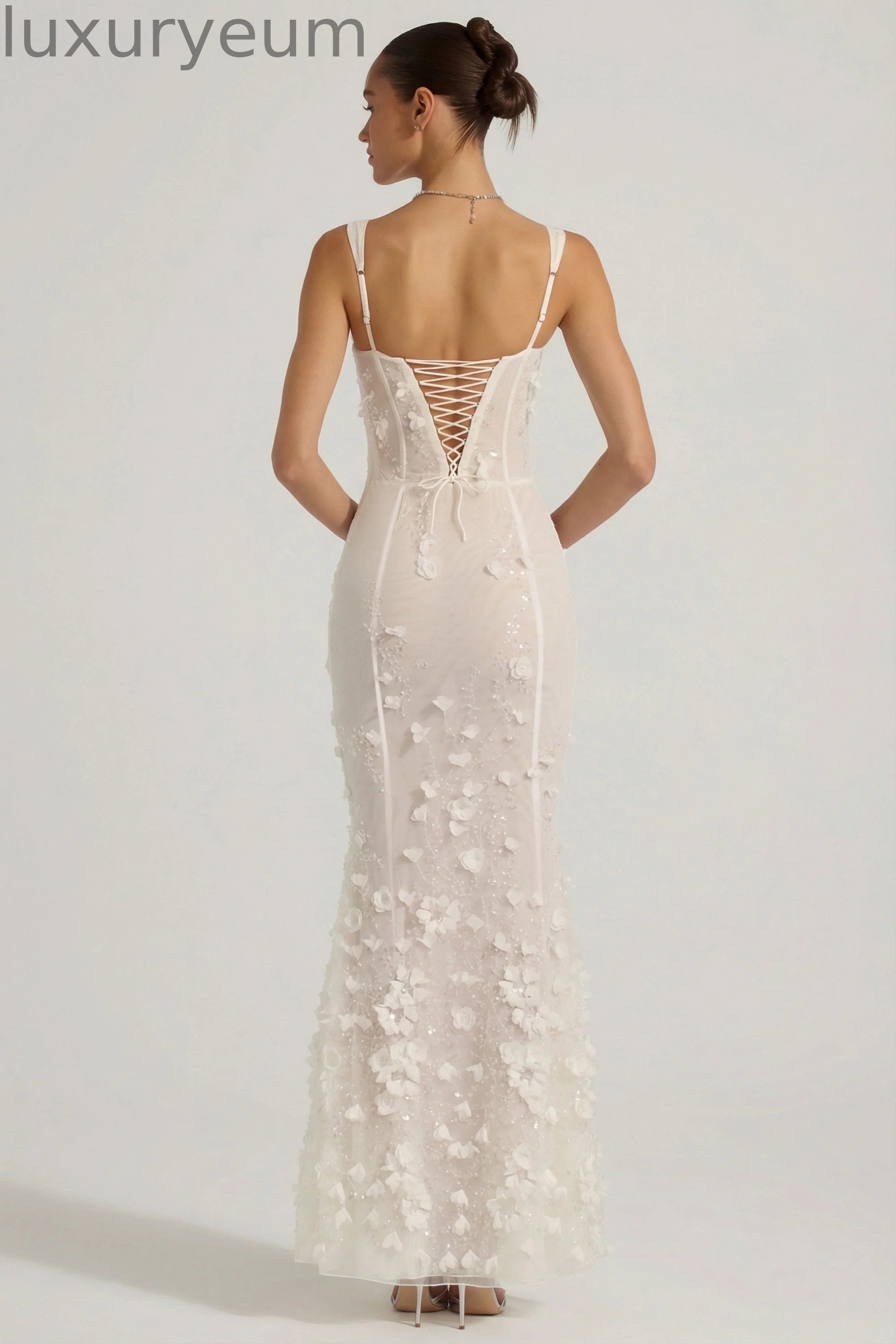 Embellished Appliqué Soft-Scoop Corset Gown in White
